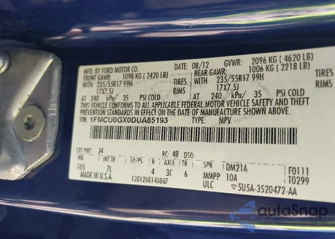 2013 Ford Escape Se z USA, uszkodzony, nr VIN 1FMCU0GX0DUA85193